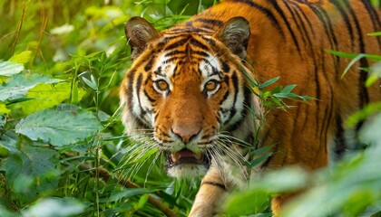 Fototapeta premium Majestic Bengal Tiger Stalking Its Prey Through the Dense Jungle Undergrowth