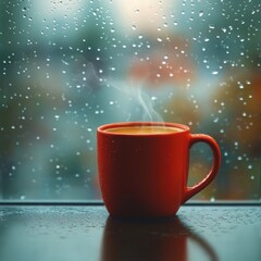Obraz premium Warm cup of steaming drink placed on wooden table beside window with raindrops while soft light filters through