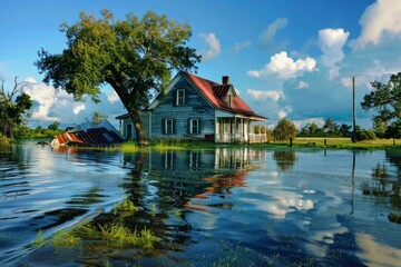 Obraz premium Old house is reflecting in flood water after a natural disaster