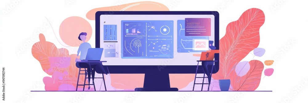 Poster human and ai collaborate on tasks at a modern workspace with digital interfaces. generative ai