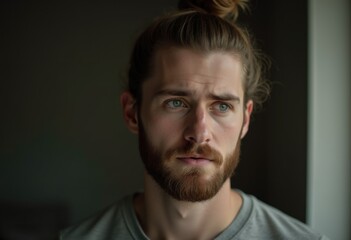 Fototapeta premium A pensive young man with a beard and top knot, gazing thoughtfully.