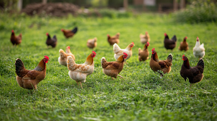 Close-up of chickens in various stages of healthy growth--from chicks to fully grown hens--grazing peacefully on a rural green farm. 