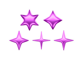 3d Star Shapes Collection Purple Pink Shiny Glossy Metallic Icons Realistic Vector Illustrations Isolated On Transparent Background