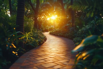 Serene pathway through lush greenery at sunset illuminating the tranquil garden in warm golden hues