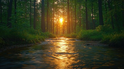 Obraz premium Serene sunset over a forest stream, highlighting nature's tranquility and beauty.