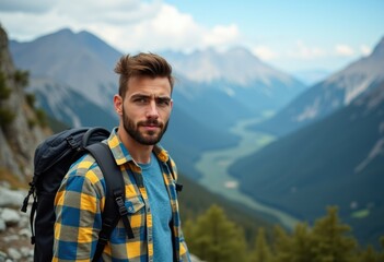 Naklejka premium A man with a backpack stands on a mountain, looking at the camera.