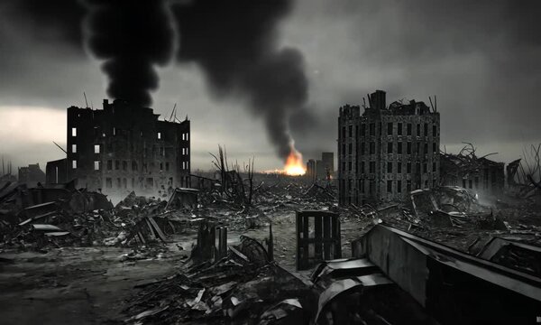 Post apocalyptic background of desert city wasteland with abandoned and destroyed buildings and cracked road