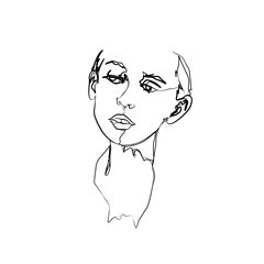 line art close up of beautiful woman's face with hand supporting chin
