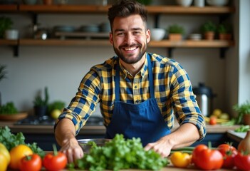 Fototapeta premium A happy chef prepares fresh vegetables in his kitchen, showcasing healthy eating and culinary skills.