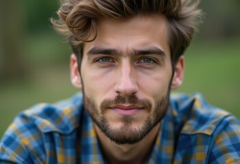 Close-up portrait of a young man with wavy brown hair and a beard, wearing a blue and yellow plaid shirt.