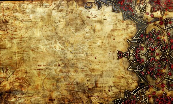 Ornate Celtic knot patterns on textured, aged parchment background with vintage feel