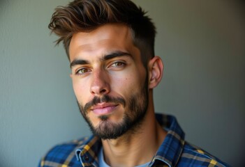 Obraz premium A young man with brown hair and a beard, wearing a blue plaid shirt, looks directly at the camera.