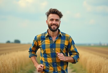 A smiling man in a yellow and blue plaid shirt jogs through a golden wheat field.
