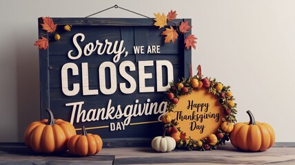 A 3D render of a signboard with the text "Sorry, we are closed today" and "Thanksgiving Day". The signboard has a rustic wooden texture. There are pumpkins and a wreath with text "Happy Thanksgiving"