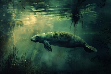 A serene underwater scene featuring a manatee gracefully swimming through aquatic vegetation.