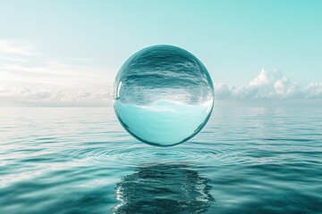 Floating translucent sphere above calm water reflects serene sky