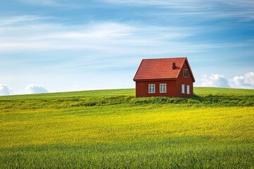 Obraz premium Scenic view of a quaint house amidst rolling green hills under a clear blue sky in the countryside on a sunny