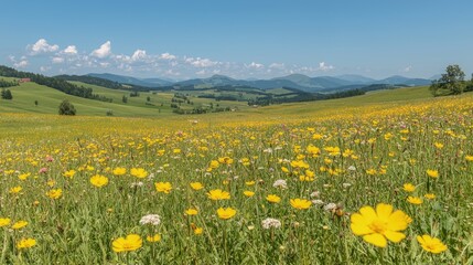 Vibrant wildflowers bloom in a picturesque meadow, rolling hills and mountains under a clear blue sky.