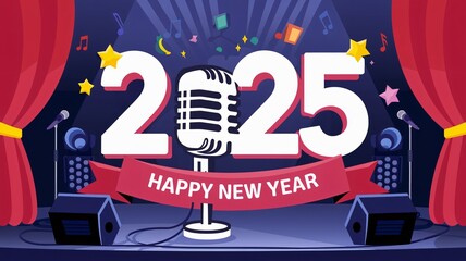 A 2025 Happy New Year greeting card concept with a cute microphone replacing the '0' in 2025. There's a music theme with a banner that says "Happy New Year 2025". The background is a stage 