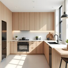 scandinavian kitchen with light wood cabinets, white marble countertops, and minimalist decor in bright airy space