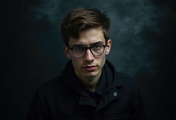 Obraz premium A young man with glasses, serious expression, dark clothing, against a moody backdrop.