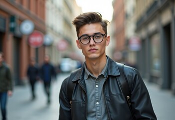 Obraz premium Young man with glasses and leather jacket standing on a city street.