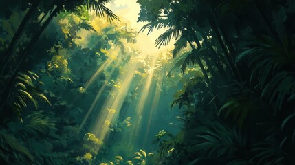Fototapeta premium Sunbeams Illuminate Lush Tropical Rainforest Canopy
