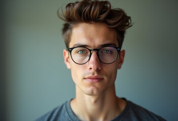 Fototapeta premium A young man with stylish brown hair, wearing round eyeglasses, gazes directly at the camera.