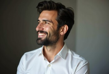 Fototapeta premium A smiling man with dark hair and a beard, wearing a white shirt, looks off to the side.