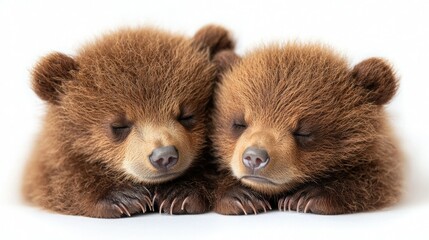 Fototapeta premium Two adorable sleeping bear cubs nestled together in a cozy pose.