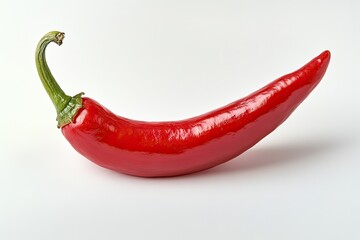 A single red chili pepper with a sharp curve, isolated on a white background