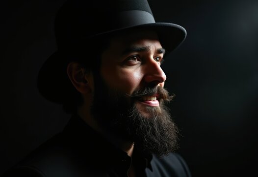 A man with a full beard and mustache, wearing a black hat, smiles subtly against a dark background.