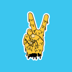 yellow grime art torn off hand making peace and love sign, 2, v, victory, with white sticker border