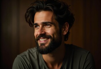 Obraz premium A happy man with a beard and dark hair smiles gently, looking off into the distance.