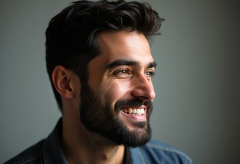 Obraz premium A portrait of a smiling man with dark hair and beard, looking off to the side.