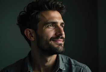 Fototapeta premium A thoughtful young man with a beard, looking off to the side, pensive expression.