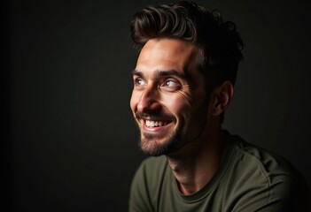 Obraz premium A joyful man with dark hair and beard, looking away and smiling.