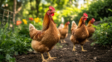 Fototapeta premium Close-up of fluffy, healthy hens with bright feathers exploring a natural outdoor farm area filled with grass, dirt, and small plants. 