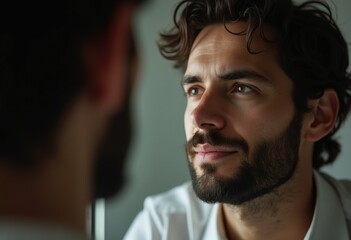 Obraz premium A thoughtful young man with a beard gazes pensively into the distance, lost in contemplation.