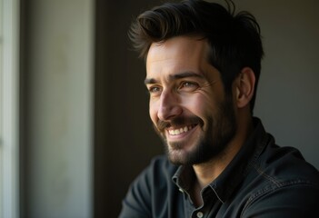 Obraz premium A happy, smiling man with dark hair and beard looks out a window, sunlight illuminating his face.