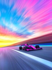Fototapeta premium Formula 1 Racing Car Driving at High Speed on Vibrant Track with Colorful Sky and Motion Blur in Competitive Motorsport Scene