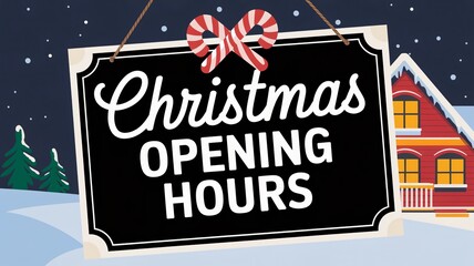 A creative illustration of a black sign with white text and a candy cane decoration. The sign hangs on a door sign, banner, advertisement, and flyer. The text on the sign reads Christmas Opening Hour