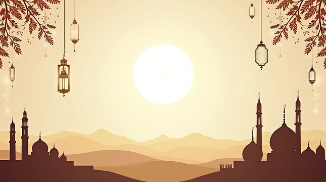 Serene Mosque Silhouette: Warm Sunset Landscape with Hanging Lanterns