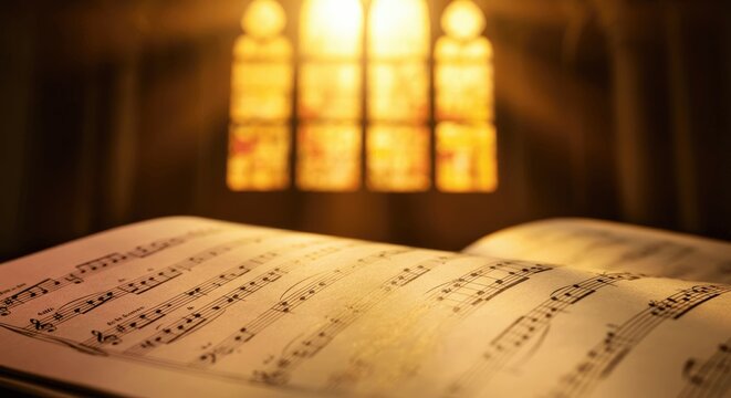 Open music sheet with notes, lit by sunlight through stained glass windows