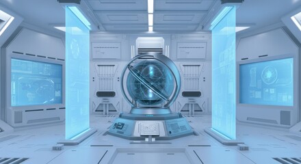 Futuristic lab with advanced technology and digital interfaces