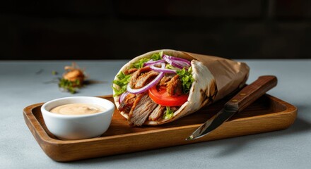 Tasty wrap filled with grilled meat, veggies, and sauce on tray