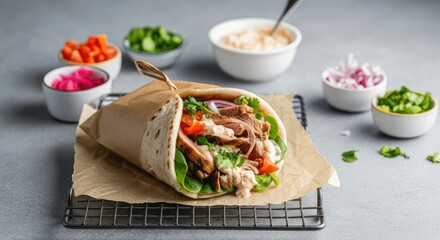 Grilled meat wrap with fresh vegetables and sauces on paper-lined cooling rack