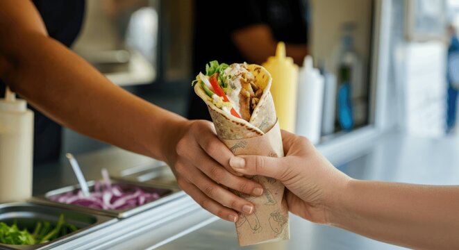 Person receiving wrapped sandwich from vendor at food truck Fresh ingredients visible