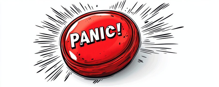 Cartoon red panic button illustrating urgency and immediate action - Powered by Adobe