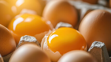 Close-up of golden yolks in a carton of eggs, under natural, soft sunlight, emphasizing freshness, health, and protein content. 
